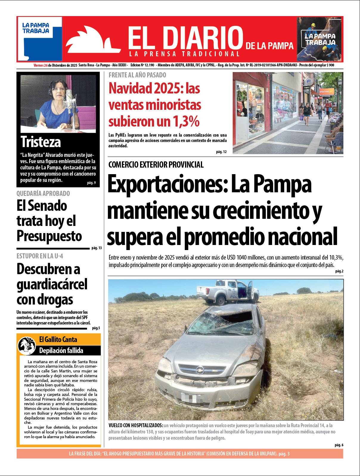 Tapa de El Diario en papel  viernes 26 de diciembre de 2025